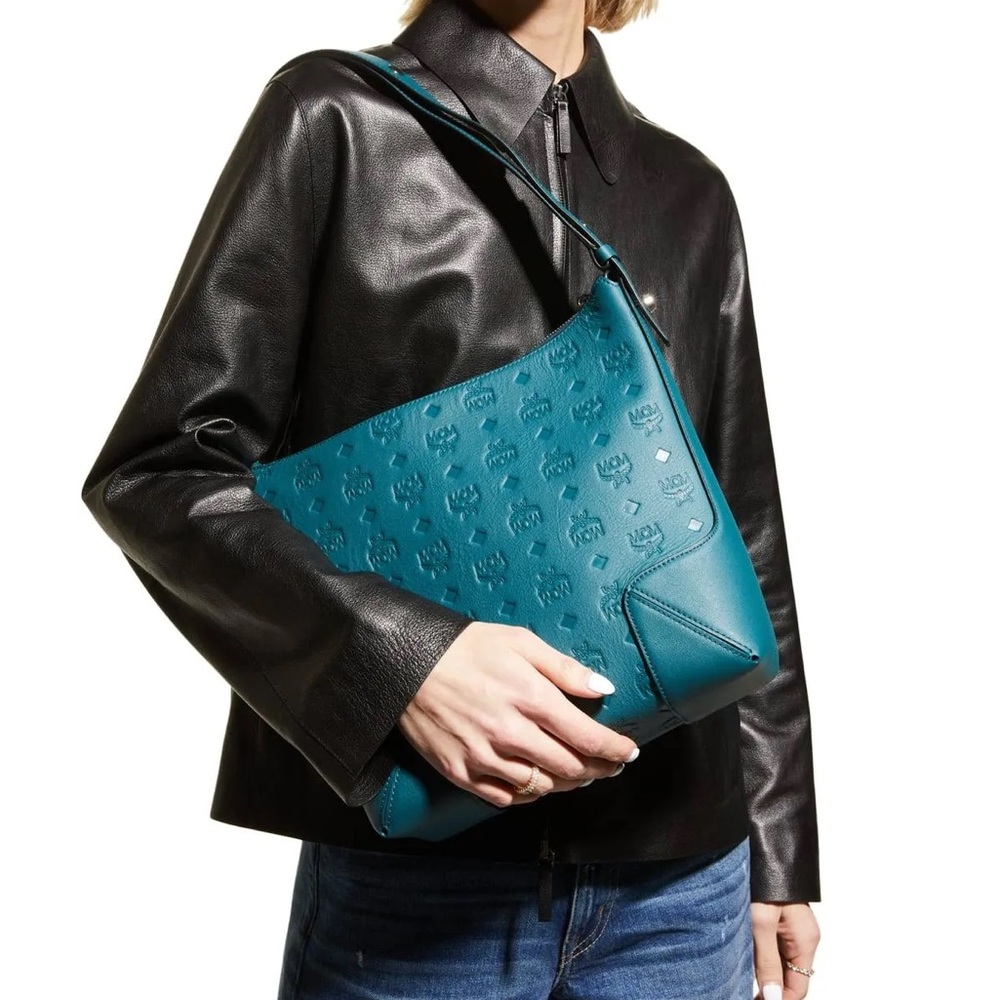 Mcm Aren Hobo in Monogram Leather Deep Teal Monogram Leather NWT - Picture 3 of 11